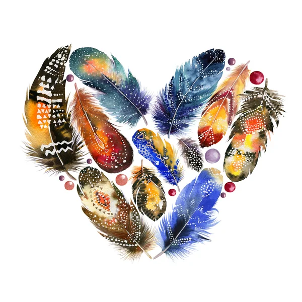 Boho style heart with bird feathers. Vintage watercolor — Stock Photo, Image