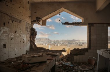 Taiz / Yemen - 09 Ekim 2016: Taiz City 'deki El-Houthi milislerinin bombalanması nedeniyle okullar üzerindeki yıkımın etkileri   