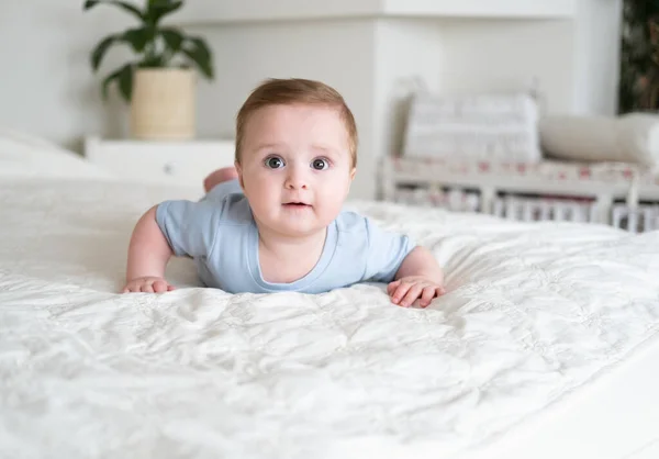 Funny Baby Boy Months Old Blu Bodysuit Smiling Lying Bed — Stock Photo, Image
