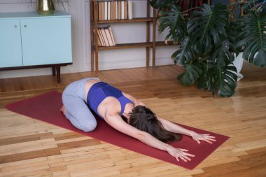 Evdeki yoga minderinde yoga yapan genç kadınlar. 