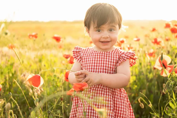Beautiful baby girl in red dress on the field of poppies at summer sunset. — стоковое фото