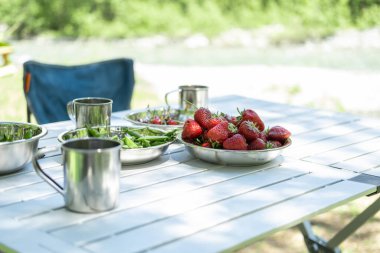 bowls of fresh strawberries, cherry, green peas on picnic table in camping on summer