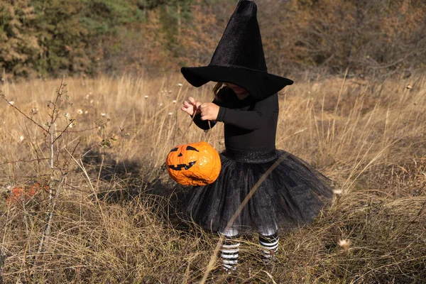 Divertida niña en sombrero de bruja negro con cubo de caramelo naranja en la naturaleza. —  Fotos de Stock