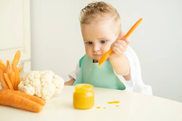 Funny Baby Boy Bib Eating Vegetable Puree Spoon Sitting Child — Stock Photo, Image