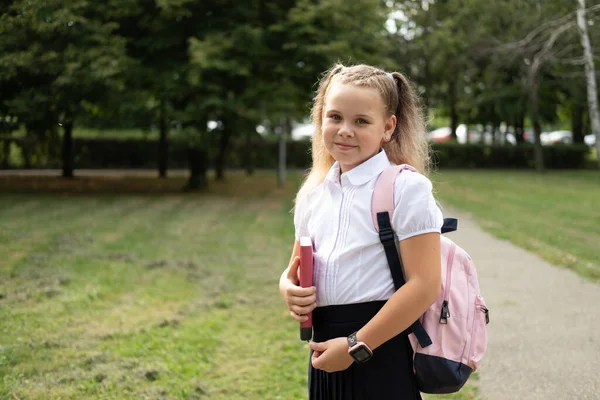 Rubia Sonriente Colegiala Uniforme Escolar Sosteniendo Portátil Con Mochila Rosa — Foto de Stock