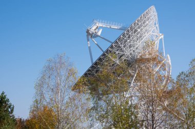 Beyaz Radyo Teleskobu, mavi gökyüzü ve ağaçlardan oluşan büyük bir uydu anteni.