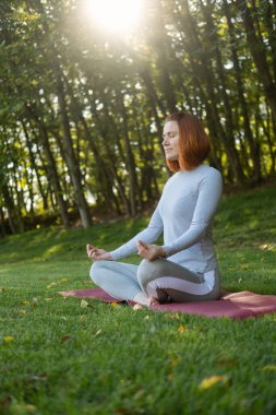 Bin yıllık ince kızıl saçlı kadın güneşin doğuşunda sonbahar güneşli bir günde doğada yoga yapıyor..