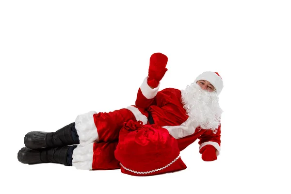 Papai Noel Está Deitado Com Saco Presentes — Fotografia de Stock