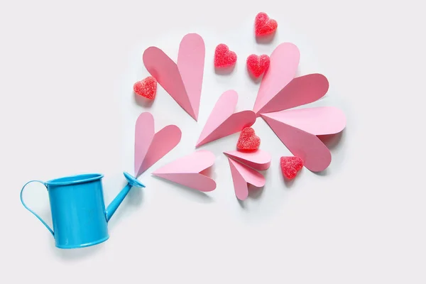 Floating Pink Hearts Flying Out Watering Can Valentine Day Concept — Stock Photo, Image