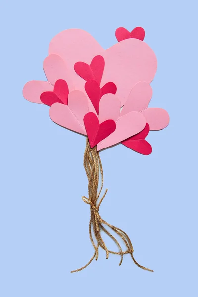 Pink Paper Hearts Threads Balloons Form Hearts Valentine Day Concept — Stock Photo, Image