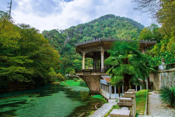 Resim, sonbaharda Psyrtskha tren istasyonunu terk etti. Abhazya, Yeni Athos - 15 Ekim 2020. 