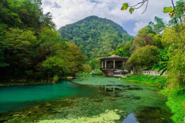 Resim, sonbaharda Psyrtskha tren istasyonunu terk etti. Abhazya, Yeni Athos - 15 Ekim 2020. 