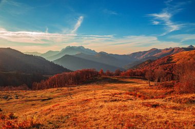 Abhazya 'da dağ geçidi Pyv. Muhteşem sonbahar manzarası. Alp çayırları. Auadhara.