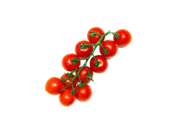 Tomates Cherry Con Gotas Agua Una Rama Aislado Sobre Blanco — Foto de Stock