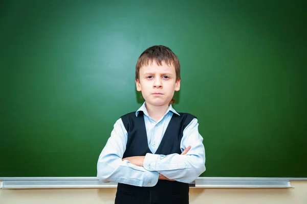 Serious Schoolboy Green School Board Classroom Elementary School Child Back — Stock Photo, Image