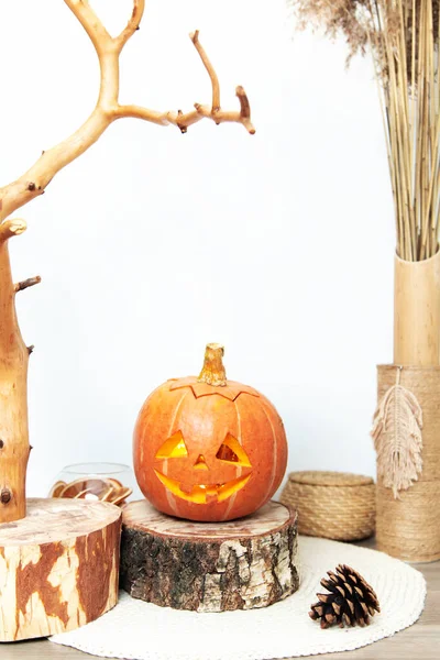 Abóboras Halloween Interior Estilo Escandinavo Preparando Para Dia Das Bruxas — Fotografia de Stock