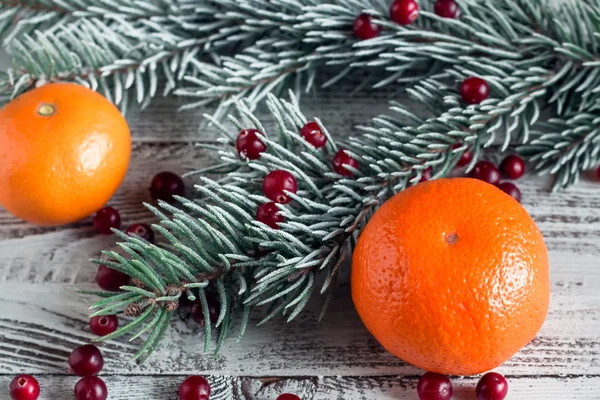 Cranberry, tangerine and Christmas tree branches on a wooden tab — Stock Photo, Image