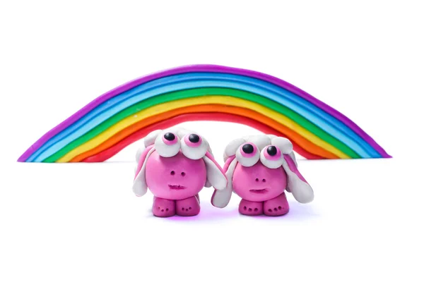 Rainbow and two plasticine sheep. — Stock Photo, Image