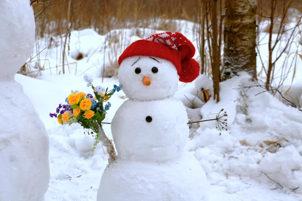 Pupazzo di neve con cappuccio rosso . — Foto Stock