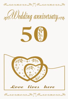 Ellinci evlilik yıldönümünüz kutlu olsun. Dilek metninin yazılı olduğu kartpostal. Soyut kalpleri, bardakları, çiçekleri olan güzel resimli grafik tasarımı