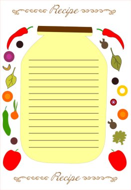 İçinde taze sebzeler ve baharatlar olan yemek kitabı şablonu. Salata, çeşitli yemekler, turşu ve gelecekteki kullanım hazırlıkları için yemek tarifleri yazmak için. Cam bir kavanoz resmi. resimleme oranı