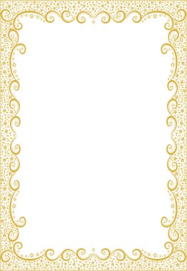 Altın soyut dekoratif çerçeve. Çiçeklerle, kuşlarla süslü desenler. Düğün davetiyeleri, kartpostal süslemeleri, metin yazmak için kullanılır. Yazdırması kolay. resimleme 