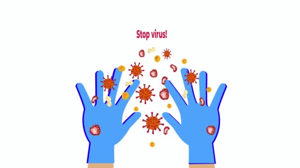手袋を手にウイルスから保護します アンチウイルスの概念 要約アニメーショングラフィックデザイン 流行との戦いで明快さのためのビデオとして使用 — ストック動画
