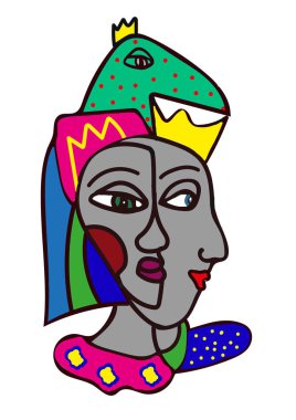  İki kız prenses ve bir kuş soyutlaması modern grafikler. Yazdırma, resim, kıyafet, el çantası dekoru  