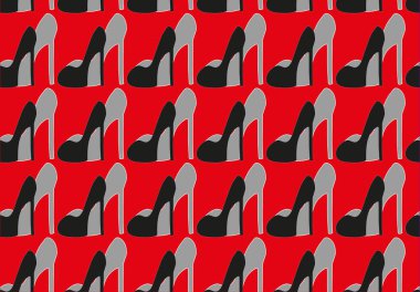 Kusursuz desenli, modaya uygun kadın ayakkabıları. Kırmızı arka planda siyah ve gri ayakkabılı tekrarlayan bir tasarım. Ayakkabılar, çantalar, hediyeler, kartpostallar için paravan olarak kullanılabilir