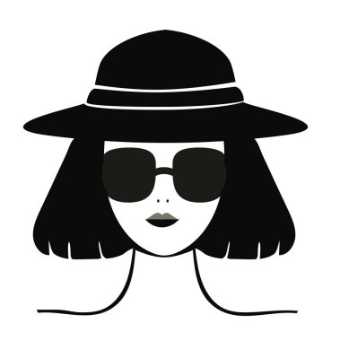 Şapkalı ve gözlüklü Avatar kız. İzole edilmiş beyaz arka planda siyah renkli logo. Reklam için, kıyafetlere baskı yap. resimleme