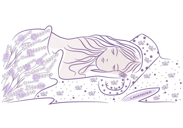 女孩睡在床上带着抽象的薰衣草花纹 用于为帆布和织物做广告 图库矢量图片