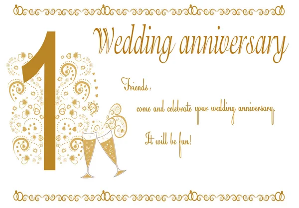 结婚周年邀请函 漂亮的可编辑的插图 黄金抽象装饰框架 华丽的花纹用于婚宴请帖 明信片装饰 — 图库矢量图片
