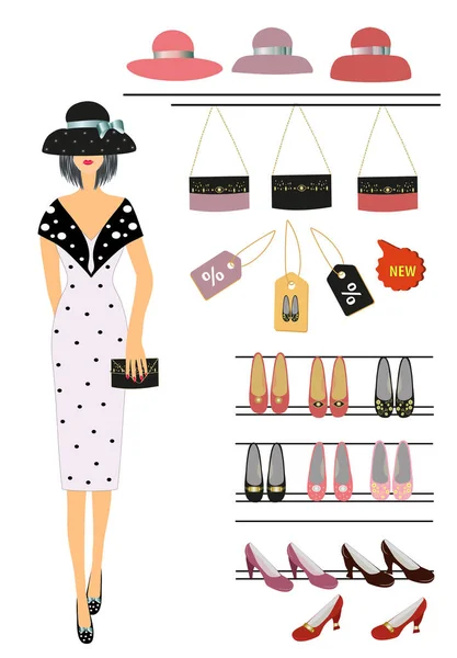 Model Girl Fashionable Dress Advertises Shoes Hats Handbags Sale Women — Stock Vector