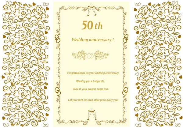 50Th Wedding Anniversary Invitation Beautiful Illustration Gold Abstract Decorative Frame — Stock Vector