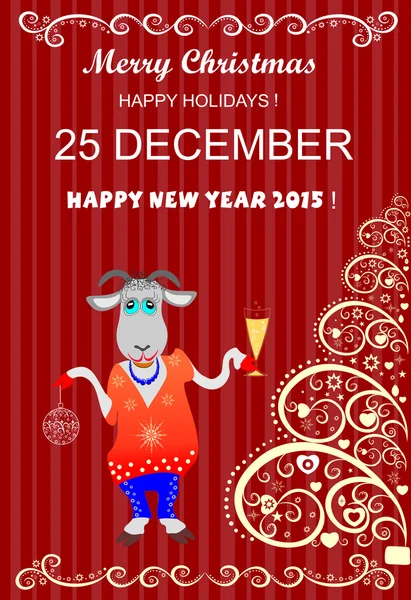 Fond de Noël avec chèvre et verre de vin — Image vectorielle