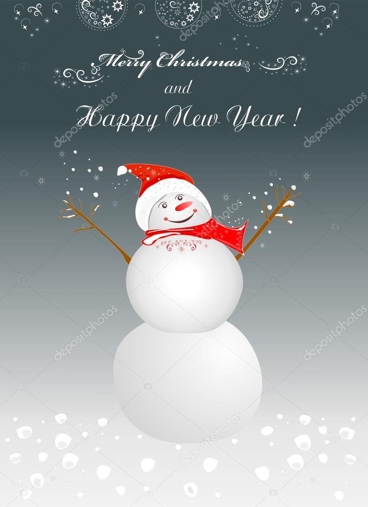 Winter background with cheerful snowman