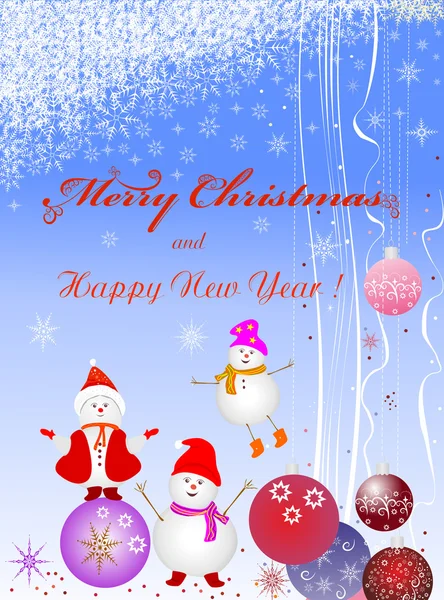 Fond de Noël avec des boules et un bonhomme de neige joyeux — Image vectorielle