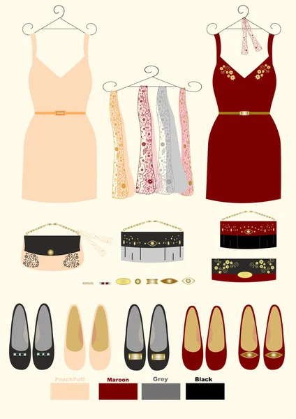 Vestidos de moda para niñas, bolsos y zapatos — Vector de stock