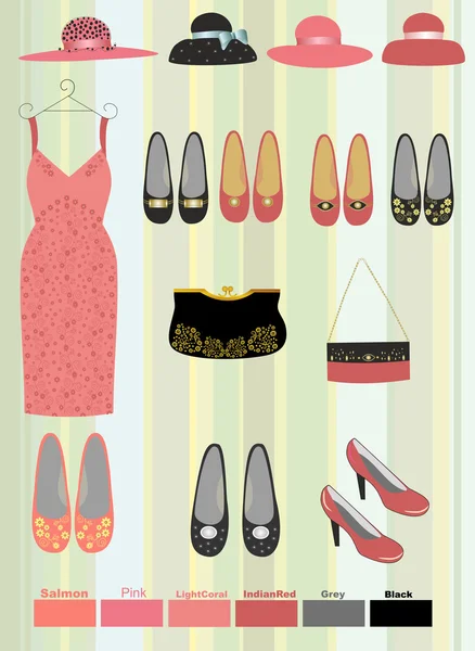 Mode Kleid Schuhe und eine Reihe von Hüten und Taschen — Stockvektor
