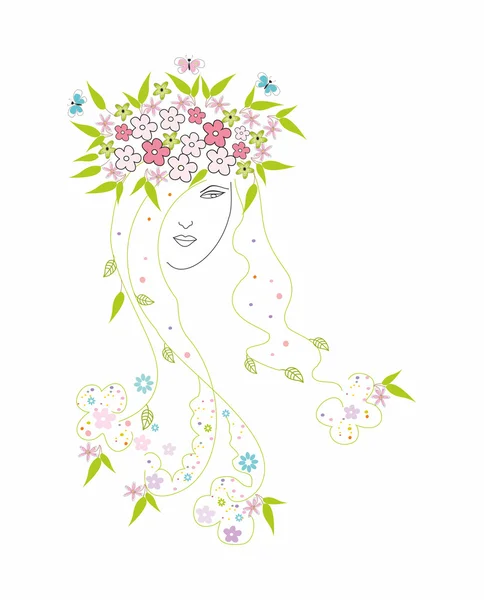 Menina bonita com flores no cabelo — Vetor de Stock