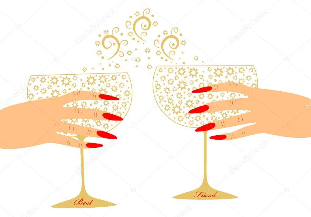 Toast two girlfriends with glasses of wine