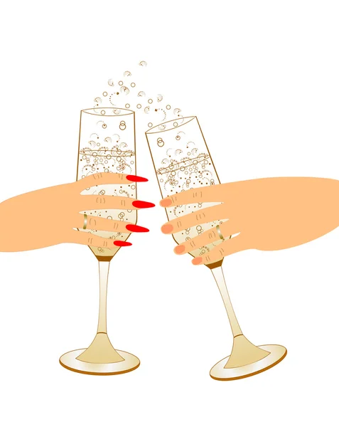 Male and female hand holding champagne glasses — Stock Vector