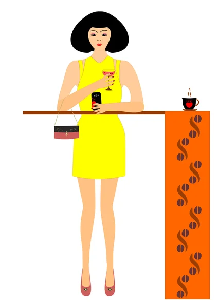 A menina no café com um copo de vinho — Vetor de Stock