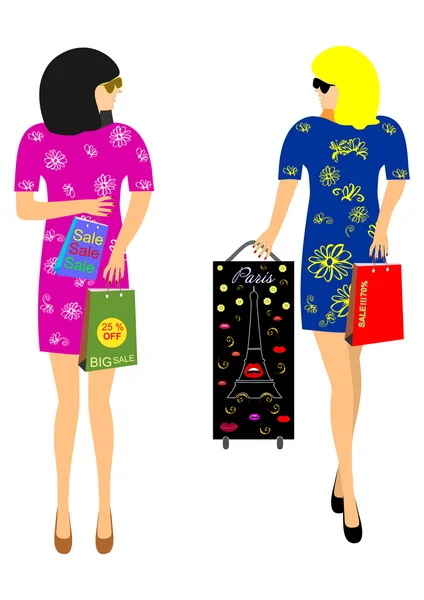 Beautiful girls and packages with discounts — Stock Vector