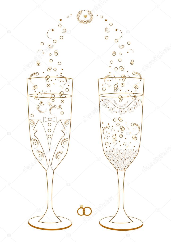 Wedding glasses decorated for the bride and groom