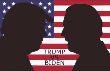 Donald Trump, Joe Biden 'a karşı. Amerikan bayrağında Donald Trump ve Joe Biden 'ın siluetleri. Amerikan bayrağındaki başkan adaylarının siluetleri. Trump ve Biden 'ın siluetleri Amerikan bayrağının önünde.