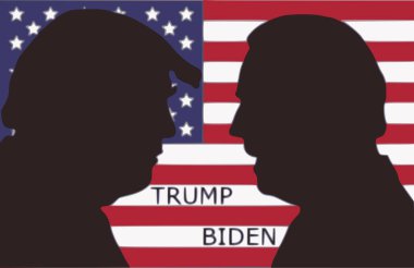Donald Trump, Joe Biden 'a karşı. Donald Trump ve Joe Biden 'ın siluetleri. Amerika Birleşik Devletleri Başkanı. ABD 'de seçim kampanyası. Cumhuriyetçiler, Amerikan bayrağında başkan adaylarına karşı. Amerikan bayrağında Trump ve Biden 'ın siluetleri.