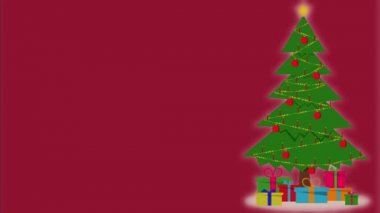 Animasyon Noel kartı. Kırmızı arka planda yanan mumlarla bir Noel ağacının animasyonu.