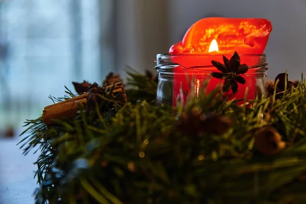 Decorative Advent Wreath Burning Christmas Candle — Stock Photo, Image