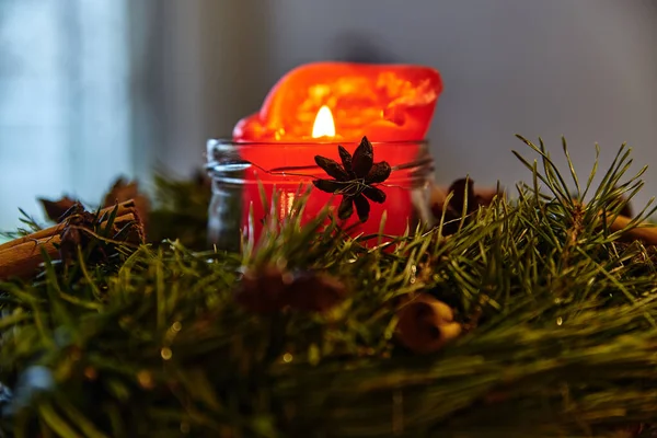 Decorative Advent Wreath Burning Christmas Candle — Stock Photo, Image